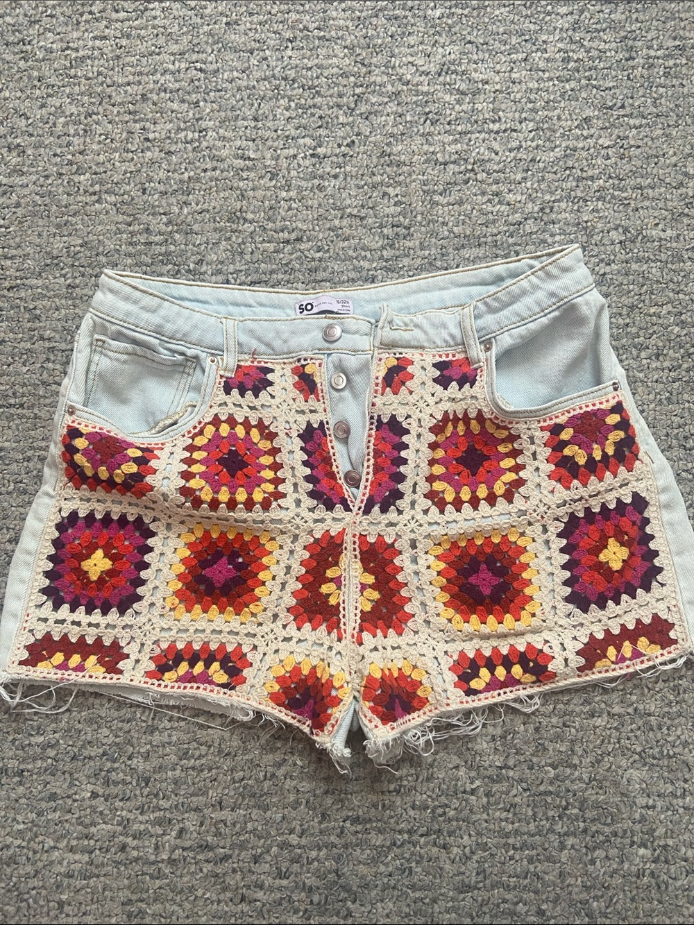 SO Denim Shorts with Crochet Granny-Square Front - Red Pink Yellow Purple Cream